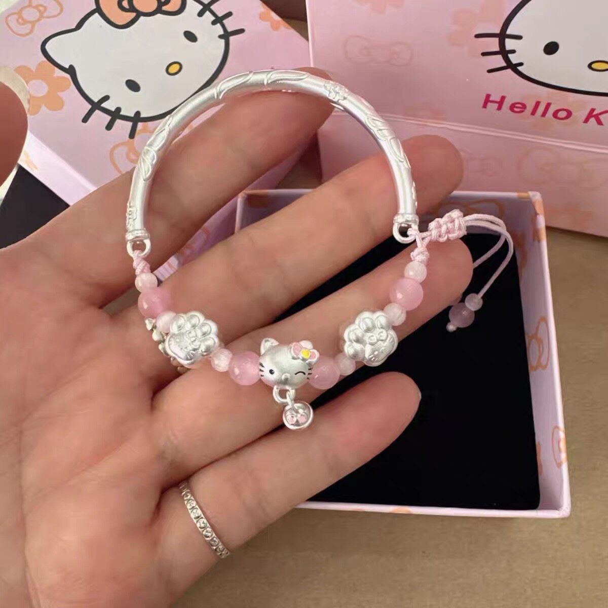 足银999实心kt猫半镯半链纯银手镯可爱kitty猫送女友闺蜜生日礼物