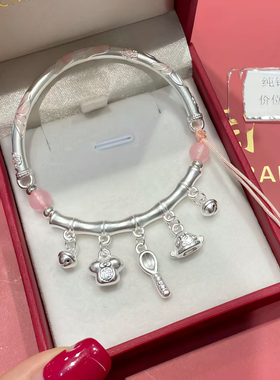 足银999新中式弯管竹节铃铛半镯手链一步一响莲花项链送女友礼物