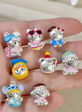 足银999纯银hellokitty猫通孔纯银配件凯蒂猫kt串饰可穿手绳礼物