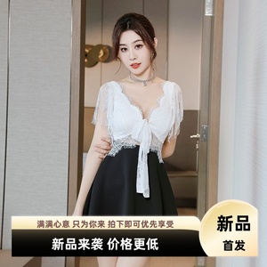 新款夜场足浴性感蕾丝吊带短裙V领假两件拼接夏季现货