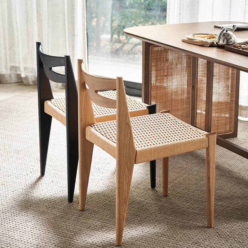 北欧复古餐椅侘寂风餐桌椅子家用简约实木休闲茶椅设计师藤编椅