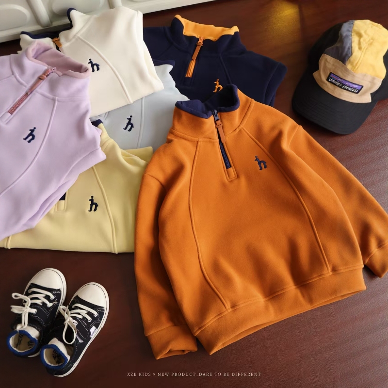 中大童儿童耐摩擦起球运动保暖加绒抗风卫衣男女童秋冬款立领上衣