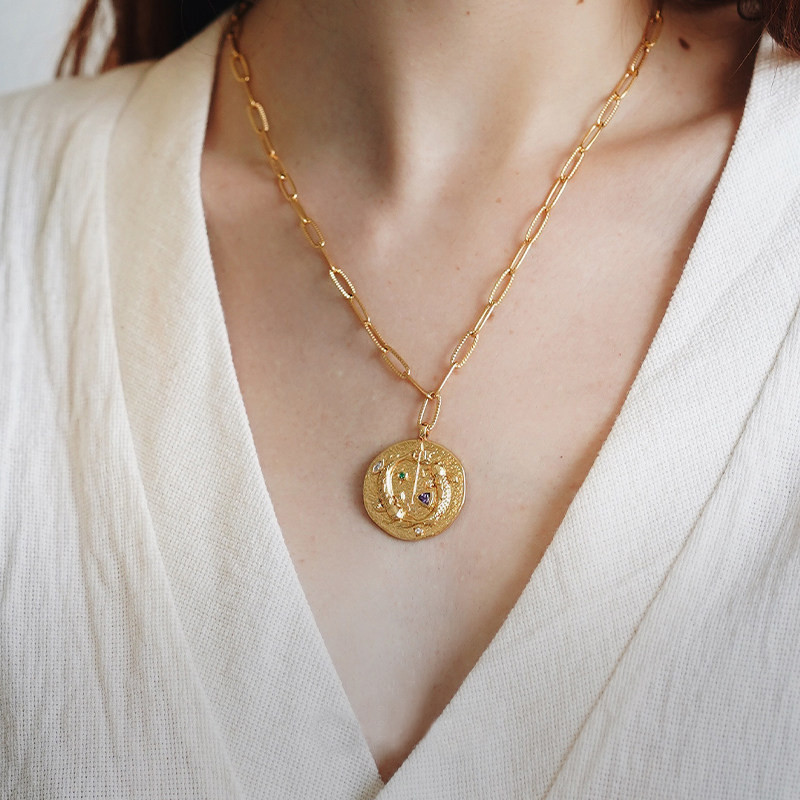 12星座节气定制系列18K镀金双鱼座双面钱币项链 生日礼物欧美复古