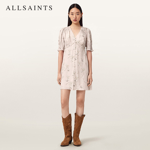 ALLSAINTS女士V领印花连衣裙DEMI荷叶袖精美裙装2026春夏新款