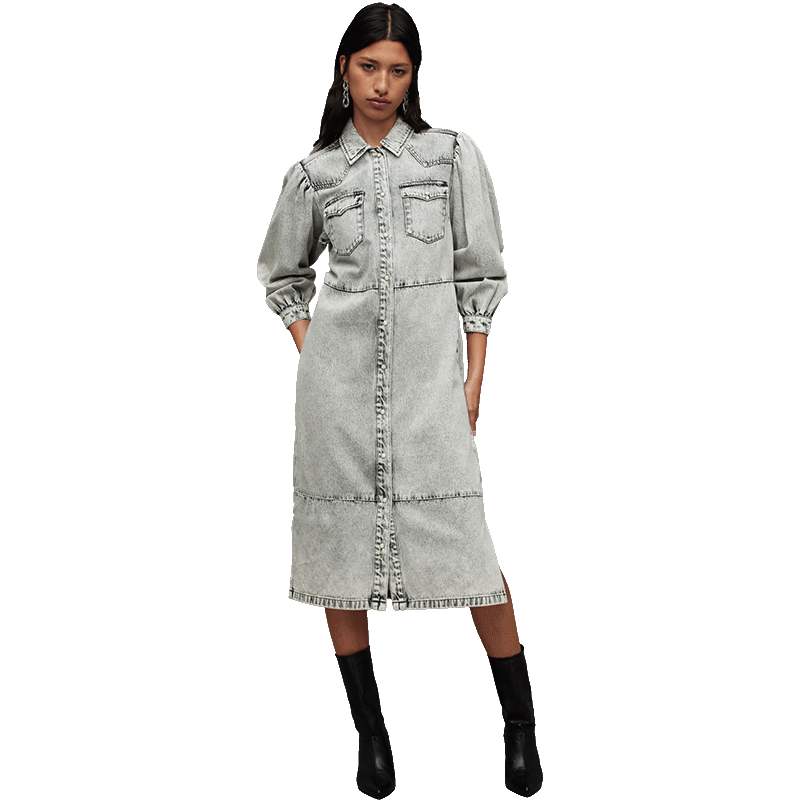 ALLSAINTS女士长袖翻领连衣裙衬衫式牛仔裙子秋季WD150Z