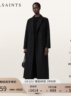ALLSAINTS女士长款毛呢外套羊毛混纺大衣秋冬季款W135OD