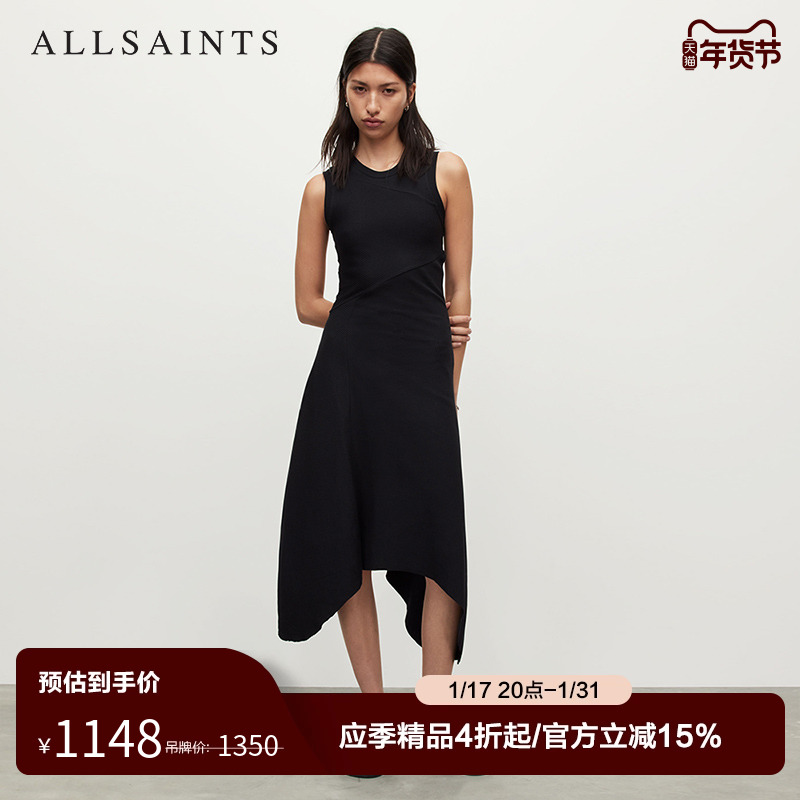 ALLSAINTS女士无袖连衣裙Gia收腰长款小黑裙2023秋新款WD114T