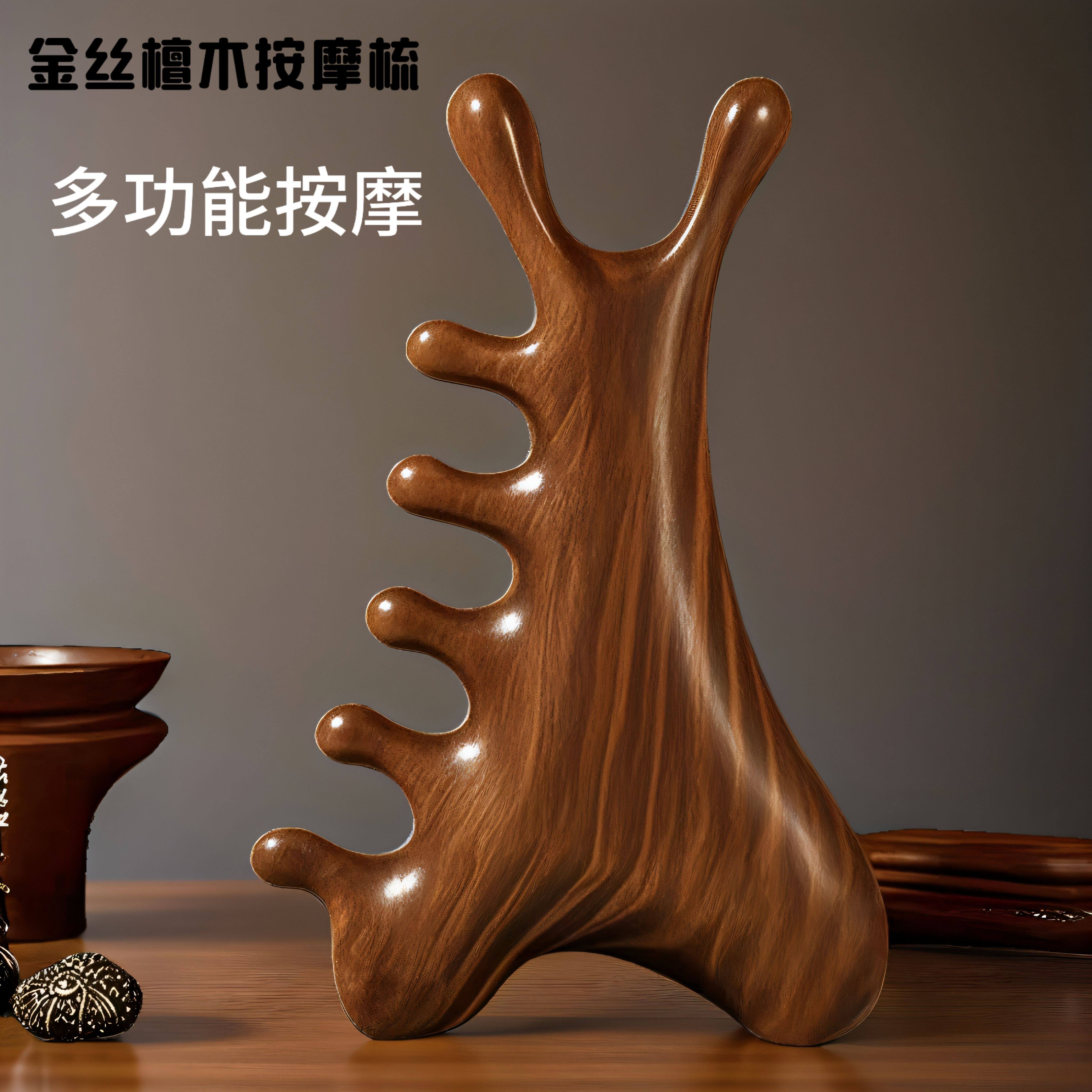 四合一檀木按摩梳子头皮经络疏通头部头疗眼鼻颈部刮痧点穴多功能