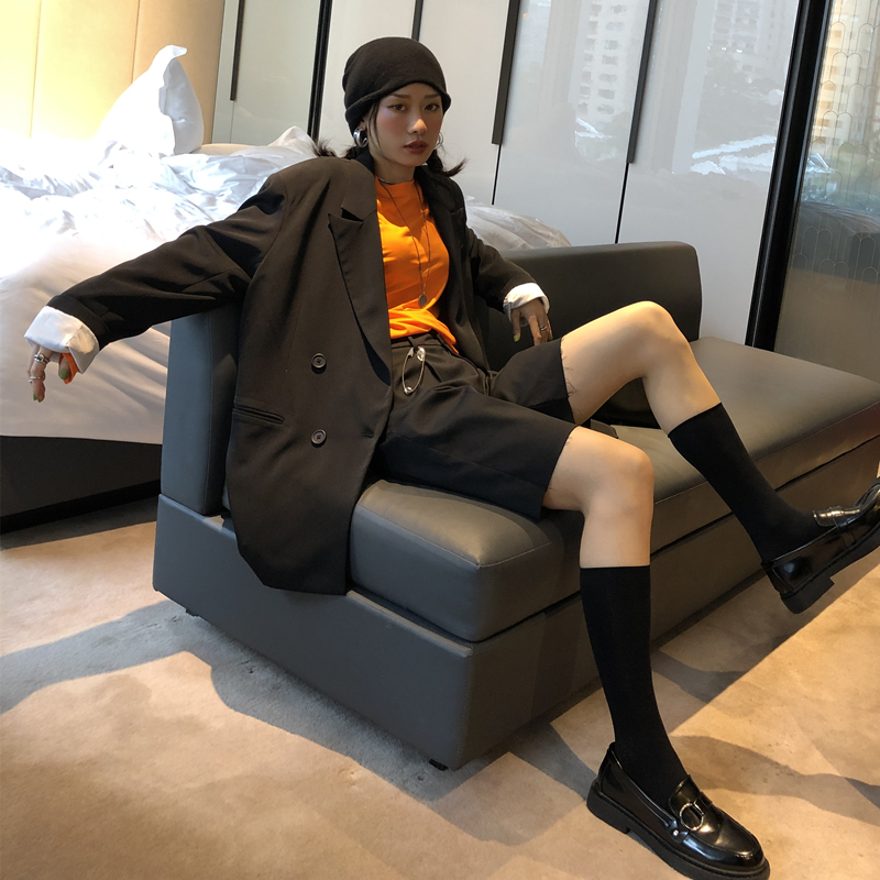 OPEN UP2019春装黑色网红chic小西装外套女港风垫肩宽松休闲西装