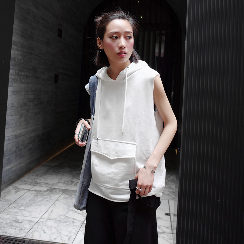 OPEN UP2019夏装新款港风宽松无袖卫衣马甲女ins休闲背心连帽T恤