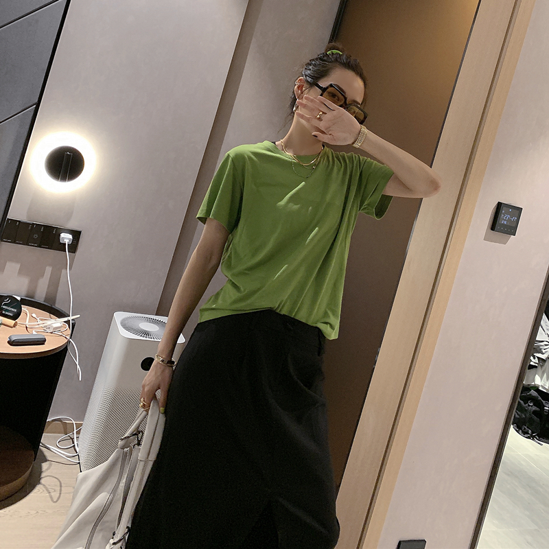 OPEN UP自制2019夏季新款港风基础圆领纯色百搭宽松短袖T恤女4色