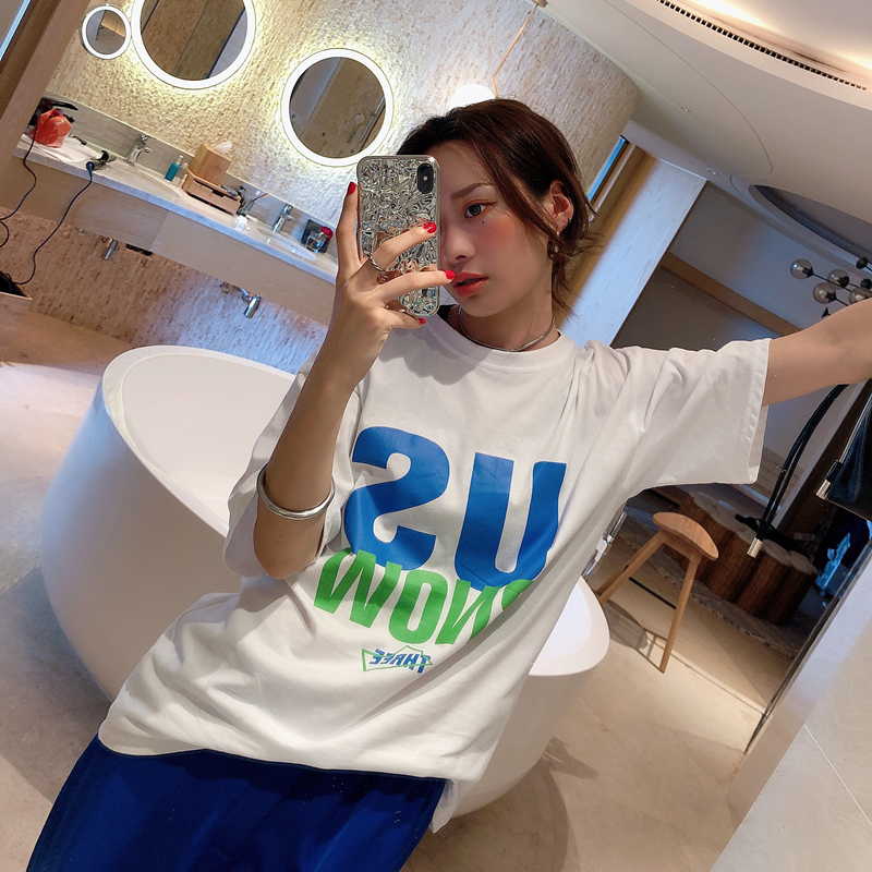 OPEN UP短袖T恤女简约2019夏装新款港味宽松显瘦字母印花半袖上衣