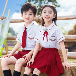 儿童校服夏季 红色英伦风小学生幼儿园园服毕业合唱演出服 短袖 套装