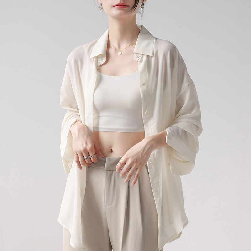 2026新款夏季防晒衬衫女外套雪纺杏色衬衣慵懒宽松薄款防晒衣上衣