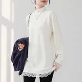 半高领双面德绒打底衫 长袖 T恤女冬加绒白色内搭立领蕾丝拼接上衣