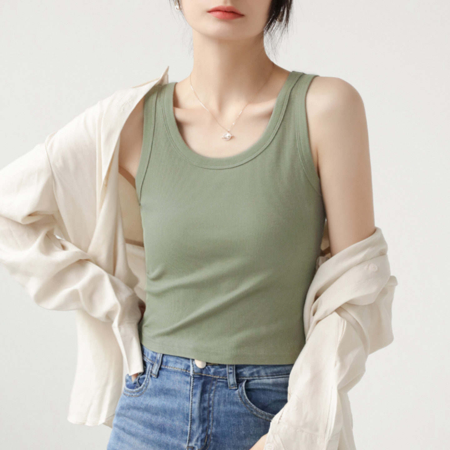 运动外穿吊带背心女夏西装内搭军绿短款螺纹打底遮肉无袖修身上衣