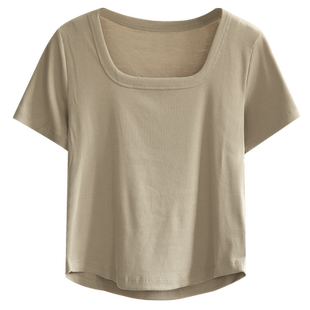 方领短袖t恤女夏2026年新款U领正肩半袖打底衫圆弧下摆修身上衣