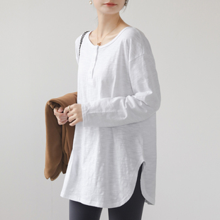 白色内搭打底衫 t恤女2026新款 圆弧下摆宽松上衣 长袖 竹节棉中长款