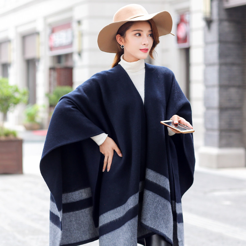 温馨筱筑秋冬保暖女士羊毛羊绒中长披肩时尚斗篷显瘦毛呢外套蓝色