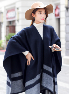 温馨筱筑秋冬保暖女士羊毛羊绒中长披肩时尚斗篷显瘦毛呢外套蓝色