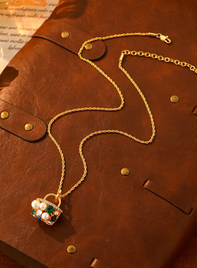 新款高级感彩钻珍珠包包吊坠女精美时尚轻奢小众项链简约锁骨链