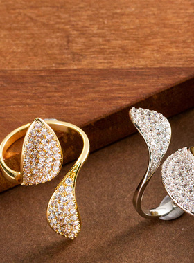 新款法式时尚个性锆石花瓣戒指女小众设计高级感复古百搭指环首饰