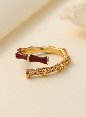 新时尚红色滴油锆石竹节戒指女轻奢小众设计高级开口指环百搭首饰