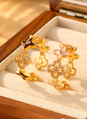 新款微镶锆石四叶草高级戒指女轻奢小众镂空设计指环时尚百搭首饰