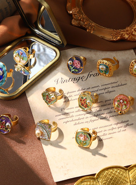 新款时尚轻奢复古珐琅滴油珍珠戒指女小众高级感百搭指环精致首饰