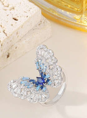 新款时尚轻奢满钻锆石蝴蝶开口戒指女小众设计高级感指环精致首饰