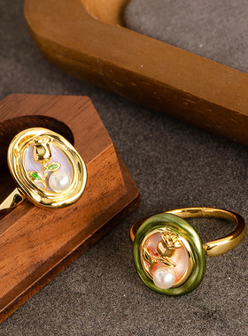 新款时尚轻奢滴油郁金香珍珠戒指女小众设计高级百搭指环精致首饰