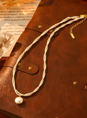新款双层缠绕方糖珍珠吊坠项链女轻奢小众高级百搭锁骨链颈链配饰