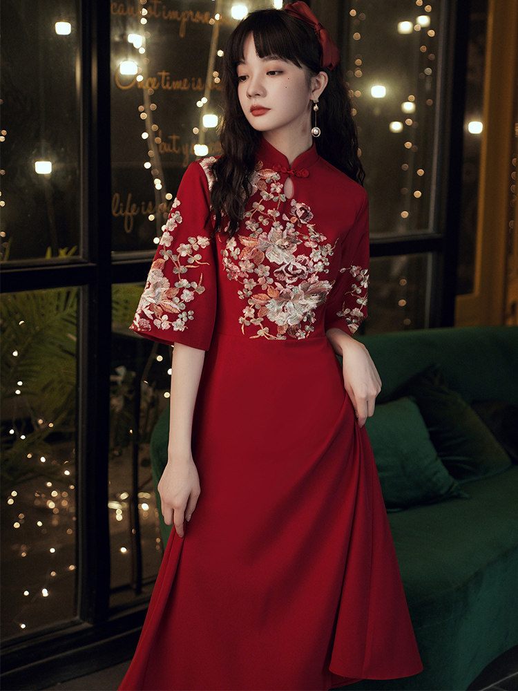 敬酒服新娘旗袍红色婚礼平时可穿小个子中国风回门订婚连衣裙秋季