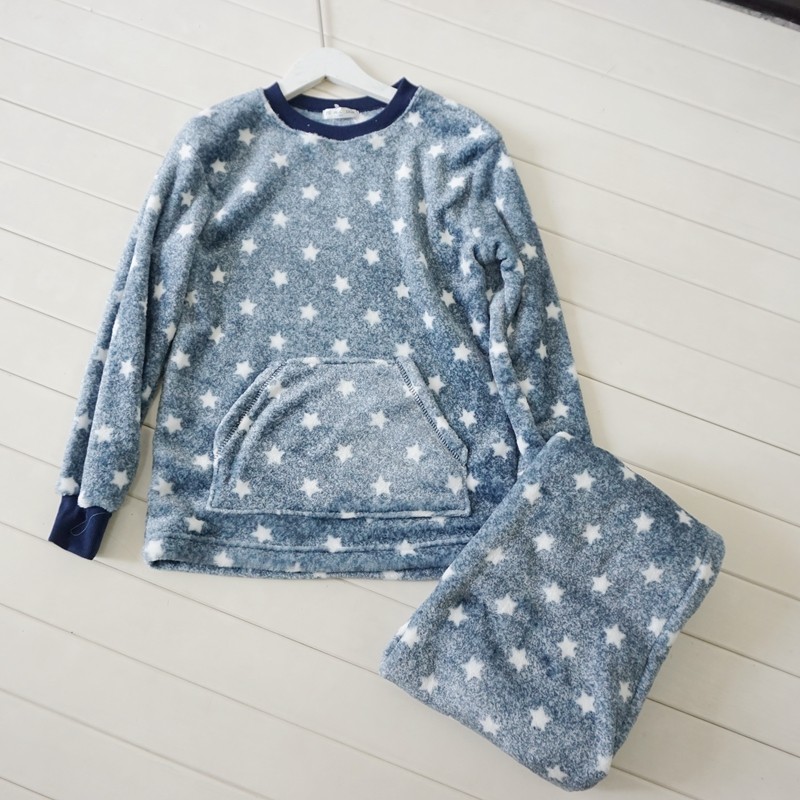 日单 男孩中大童冬季 星星握手兜套头儿童睡衣套装家居服保暖可爱