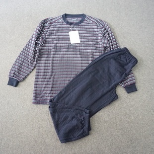 日单男士条纹套头秋冬空气层保暖睡衣套装家居服简约肩部加厚圆领