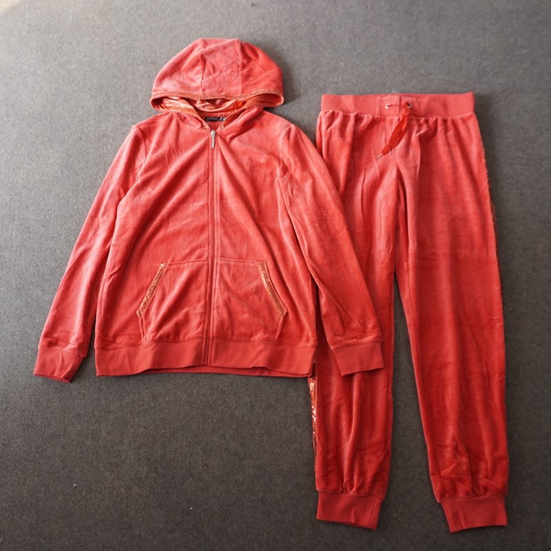 外贸女士春秋拉链连帽亮片家居服休闲服红色纯色天鹅绒长袖简约
