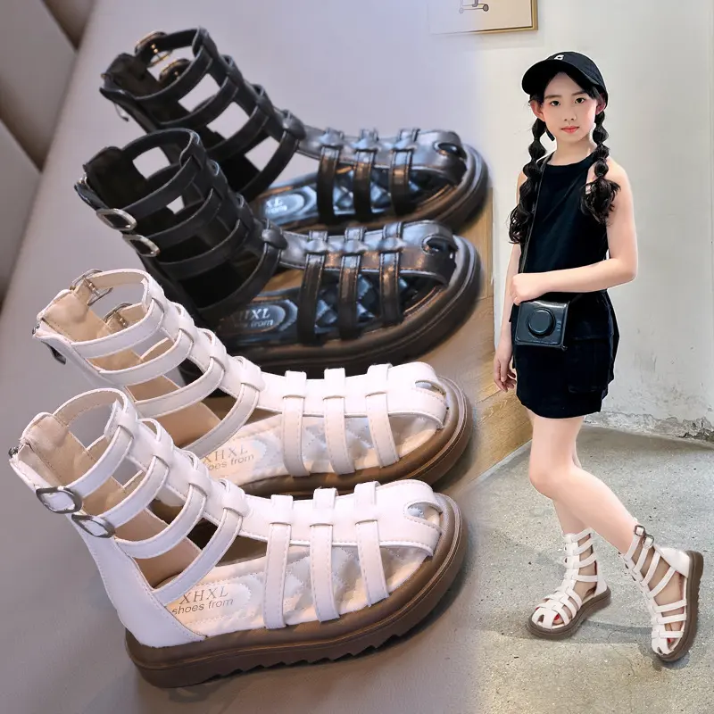 女童凉鞋2025夏季新款女童高帮镂空软底长筒凉靴中大童包头罗马鞋