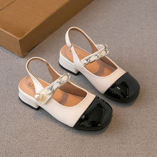女童包头凉鞋复古公主风玛丽珍链条珍珠洋气中大童小高跟夏季凉鞋
