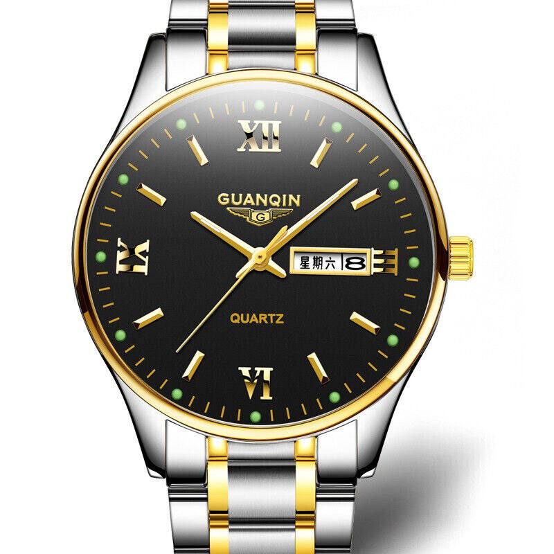 冠琴GUANQIN瑞士品质手表男士防水夜光双日历男表精钢表带全自动