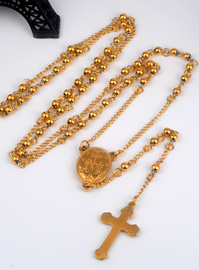 十饰纪钛钢十字架项链金色圆珠