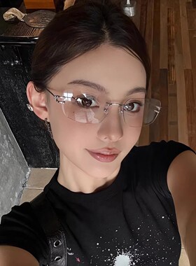 高级感纯欲无框眼镜女显瘦大框素颜平光镜男金丝镜架可配度数近视