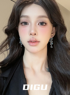 DIGU夏季清冷感蓝色水晶流苏耳环气质前后式长款耳钉纯欲紫色耳饰