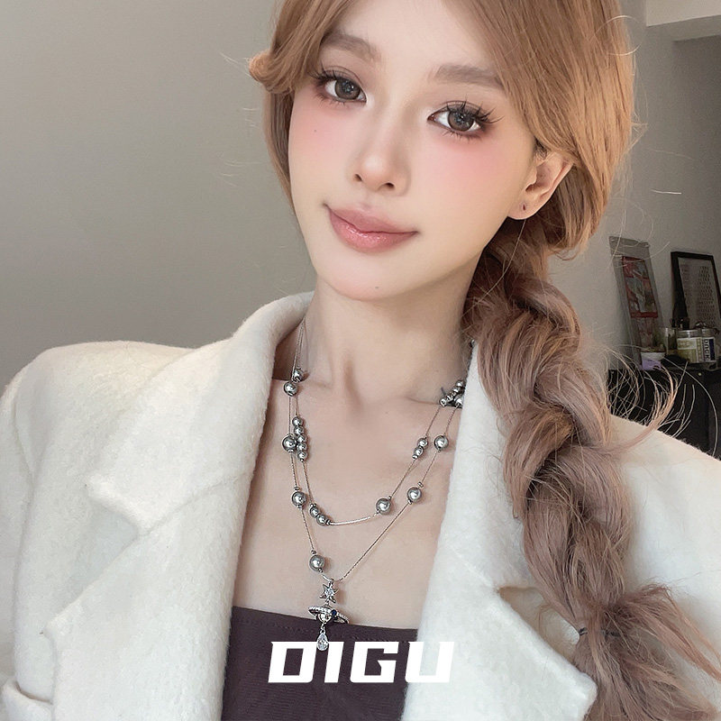 DIGU轻奢镶钻星球吊坠项链女气质双层叠戴灰珍珠锁骨链秋冬毛衣链,饰品/流行首饰/时尚饰品新,项链,淘宝优惠券,粉丝福利购,淘宝优惠卷