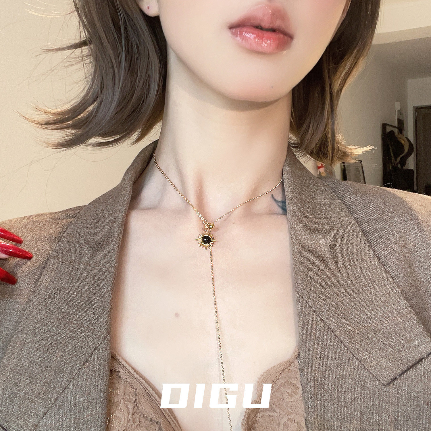 DIGU秋冬气质复古仿虎眼石太阳花项链独特小众可抽拉锁骨链毛衣链