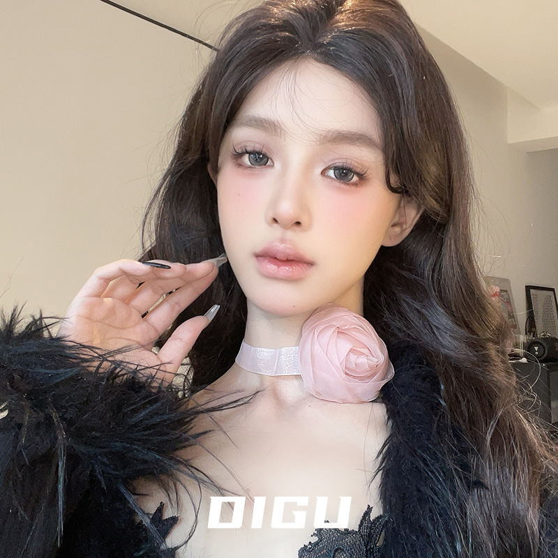 甜美立体粉色网纱玫瑰颈链choker