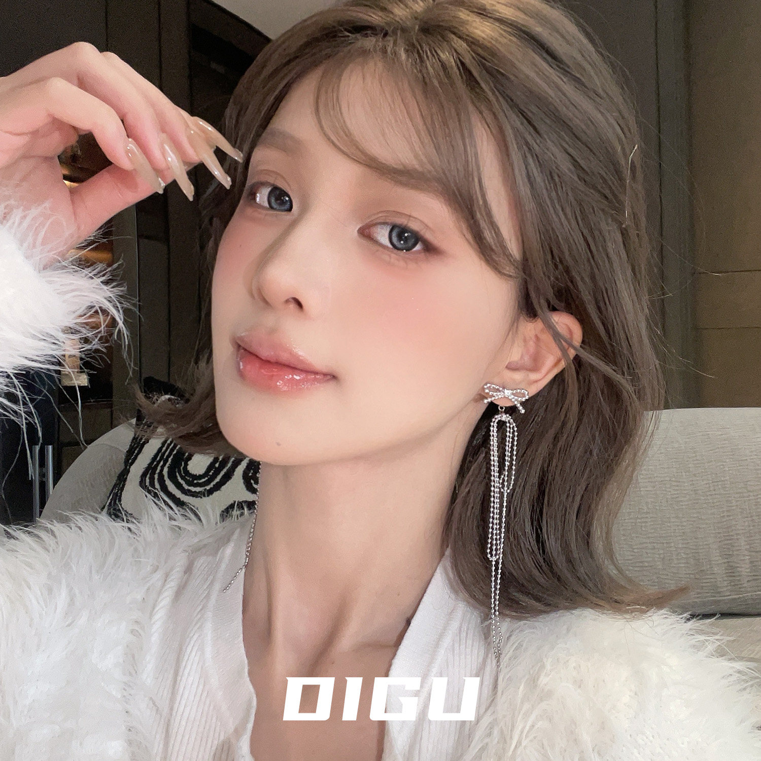 DIGU设计感前后式珠链蝴蝶结流苏耳环女甜美长款耳坠气质轻奢耳饰