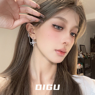 DIGU冷淡风双十字架耳环耳夹一体式轻奢微镶闪钻耳钉气质独特耳饰