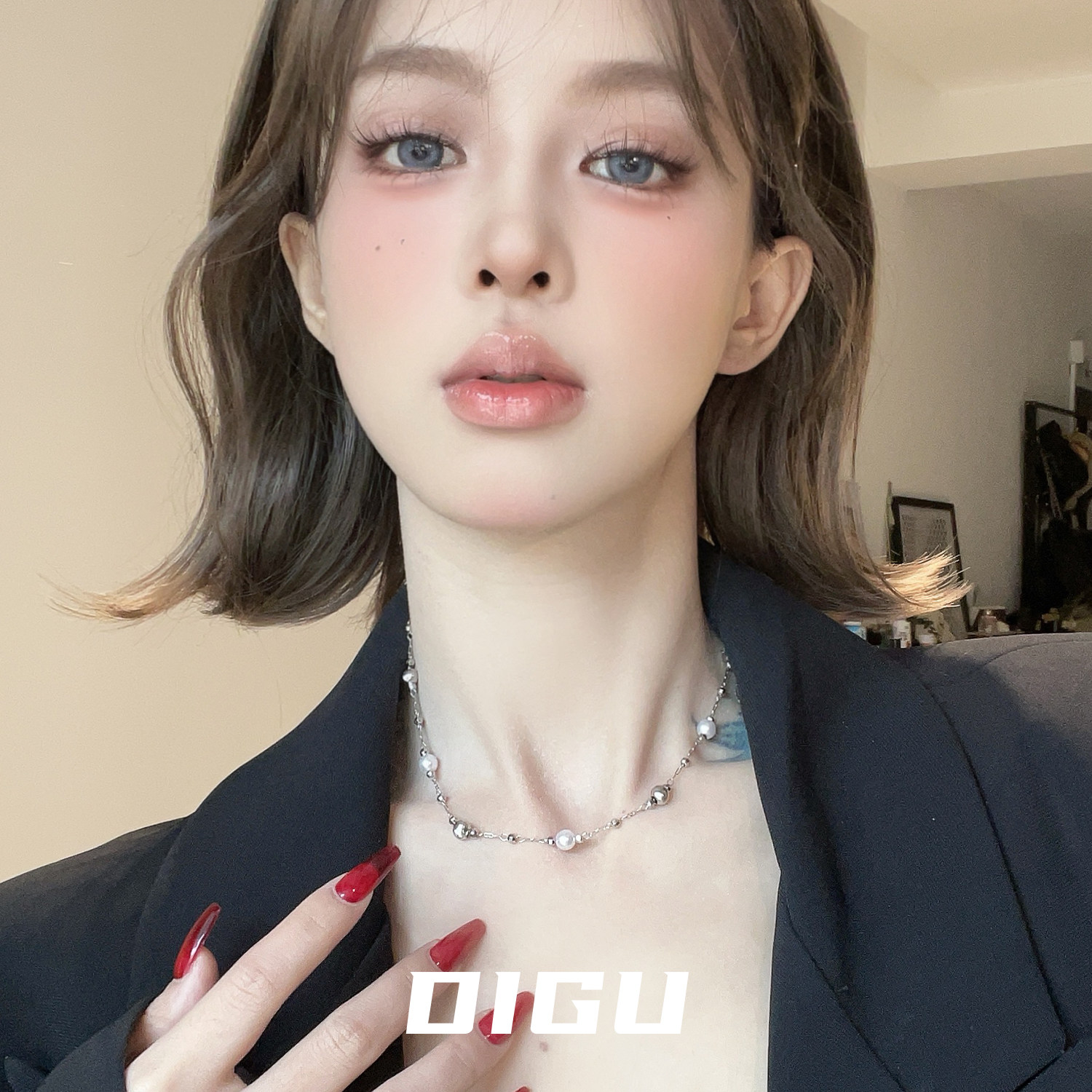 DIGU夏季简约金属磨砂珍珠串珠满天星项链精致短款锁骨链轻奢颈链