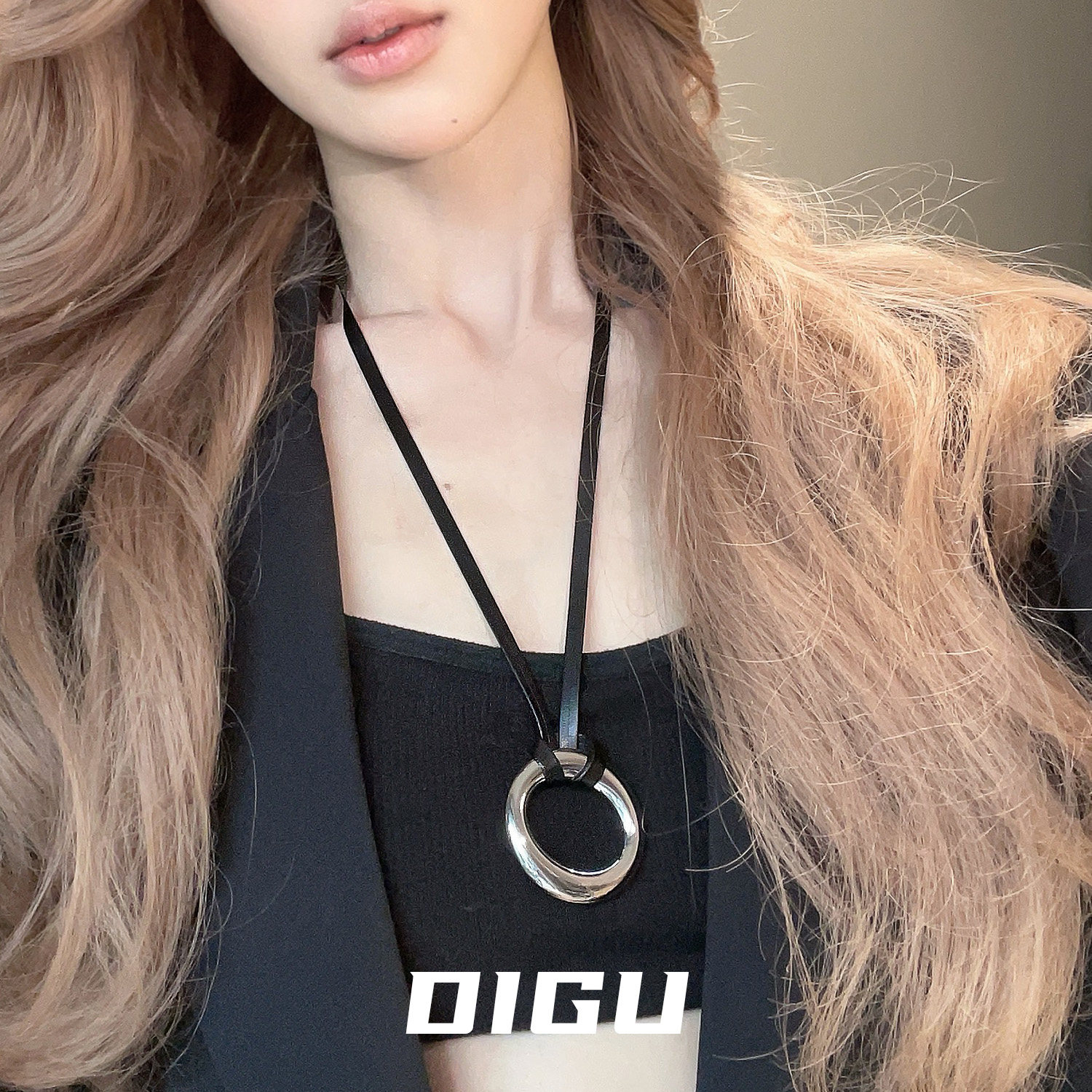 DIGU可抽拉~个性金属圆环项链女时尚小众设计感皮绳毛衣链t恤配饰