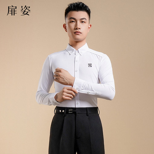 扉姿男士摩登舞长袖白衬衫上衣交谊舞华尔兹衬衣国标舞比赛F5021
